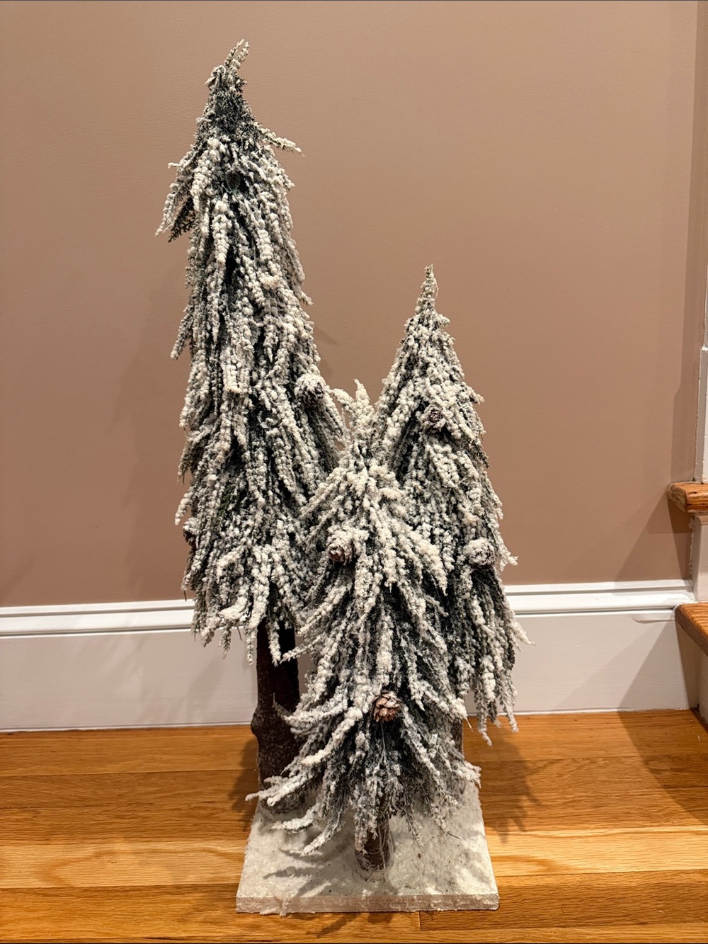 Flocked Christmas Tree Trio on Snow Base 29" Winter Village Mantel Decor